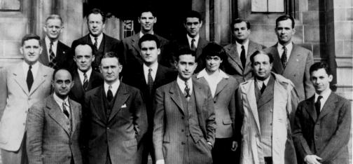 The group responsible for the first self-sustaining nuclear reaction on Dec. 2, 1942, on steps of the building housing Chicago Pile-1 (CP-1)